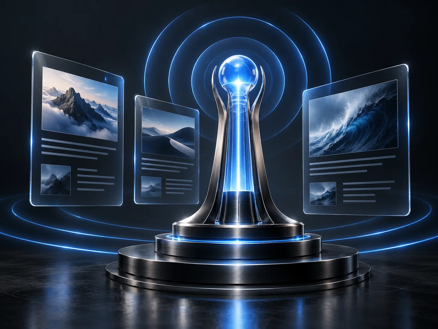A blue broadcast beacon surrounded by floating content panels.