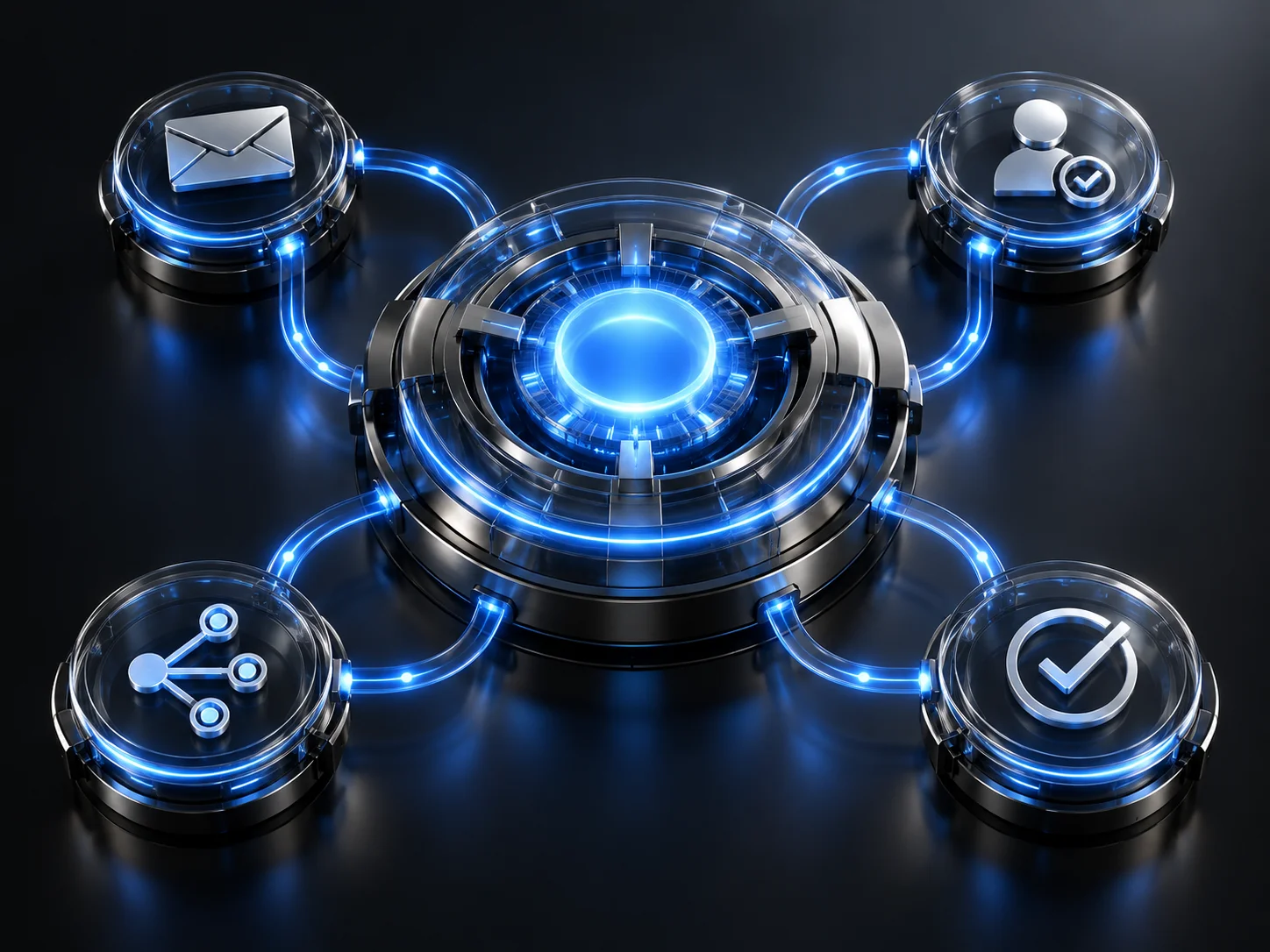A central processing hub connects messaging, qualification and routing nodes.