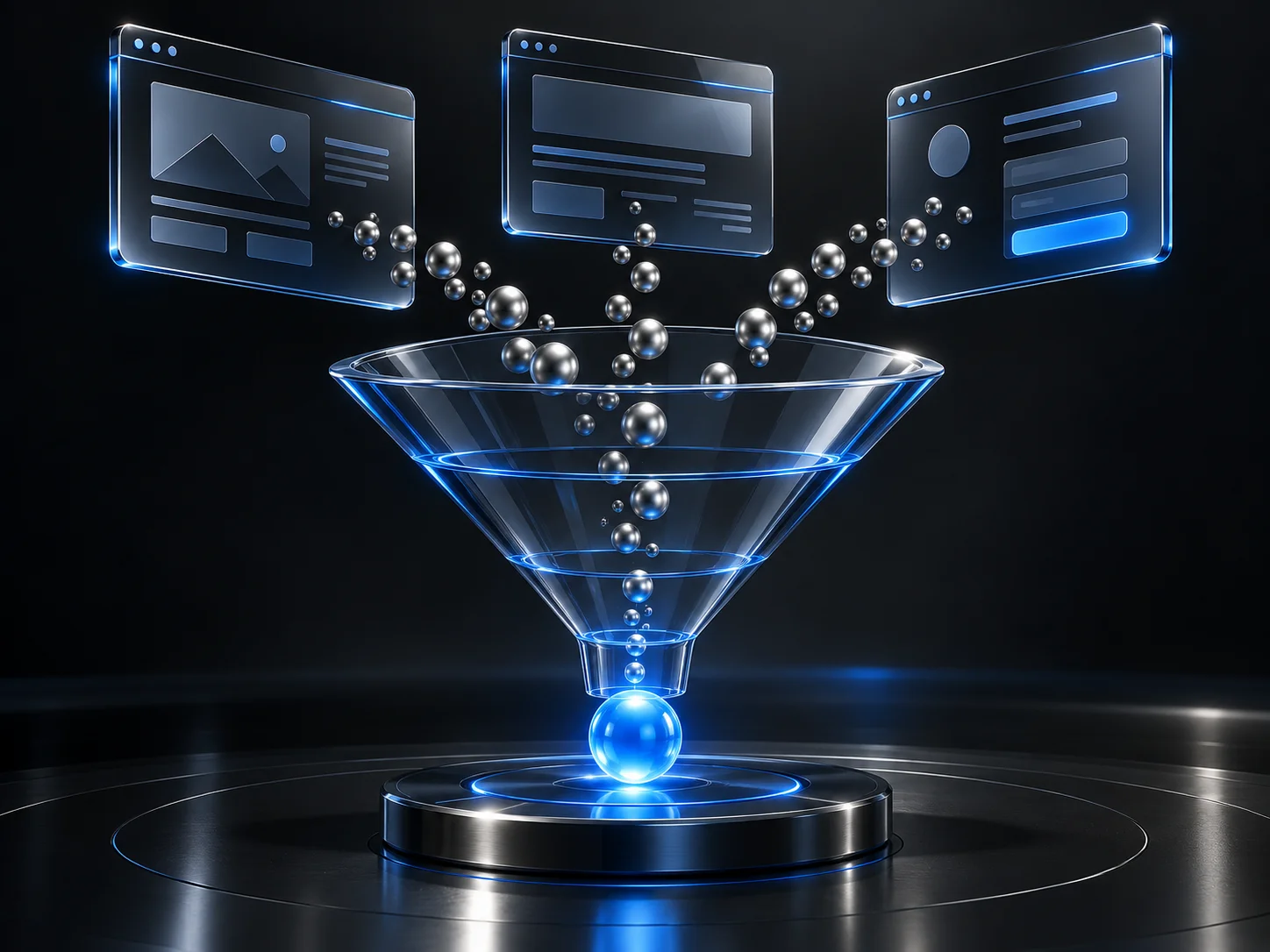 Glass landing pages guide visitors through a funnel into a qualified lead.