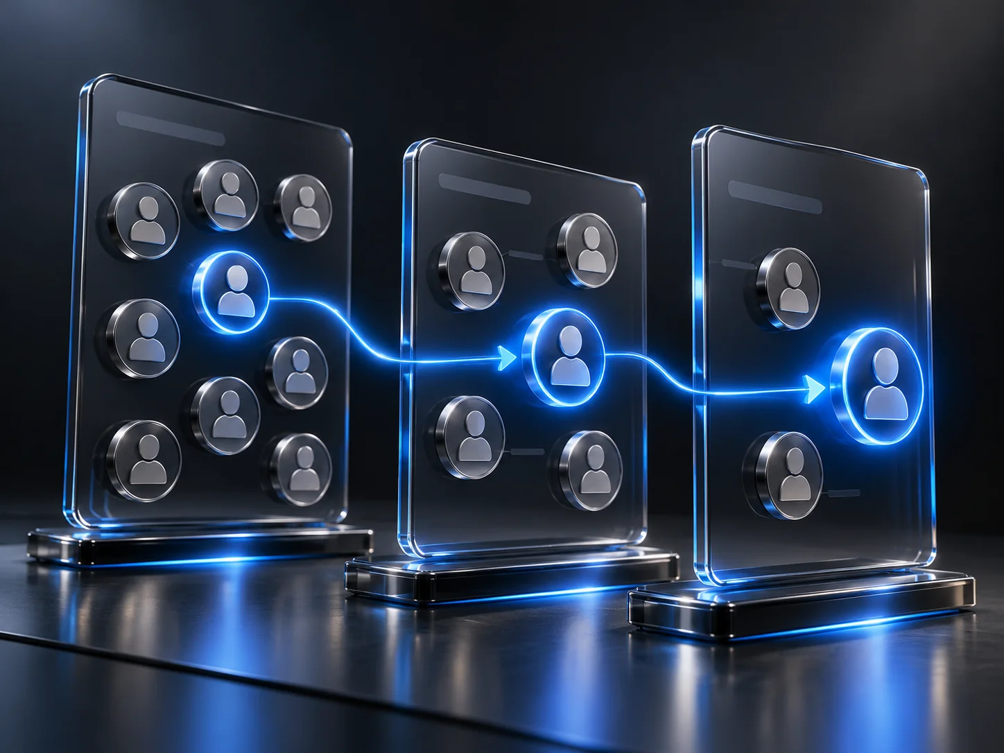 Customer contact cards move through a connected sales pipeline.