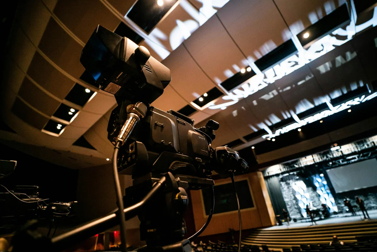 Professional broadcast camera at a production venue